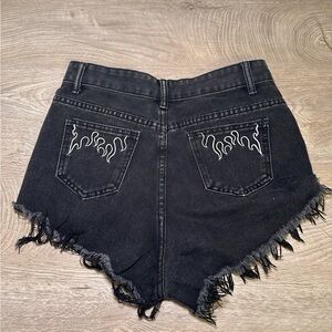 SHEIN Black Denim Shorts with Flame Embroidered Pockets